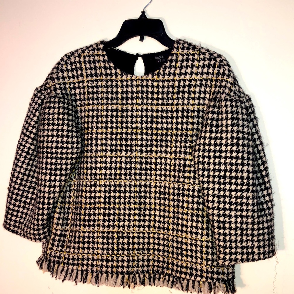 RAOUL cocoon tweed top. New with tags. Black/Gold/white. With fringe bottom.